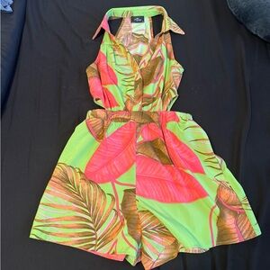 Tropical Leaf Halter Romper in Neon Green & Pink